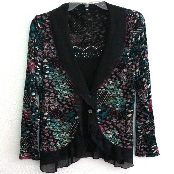Black colorful floral long sleeve blouse, with little tiny studs and lace detail - Picture 1 of 8
